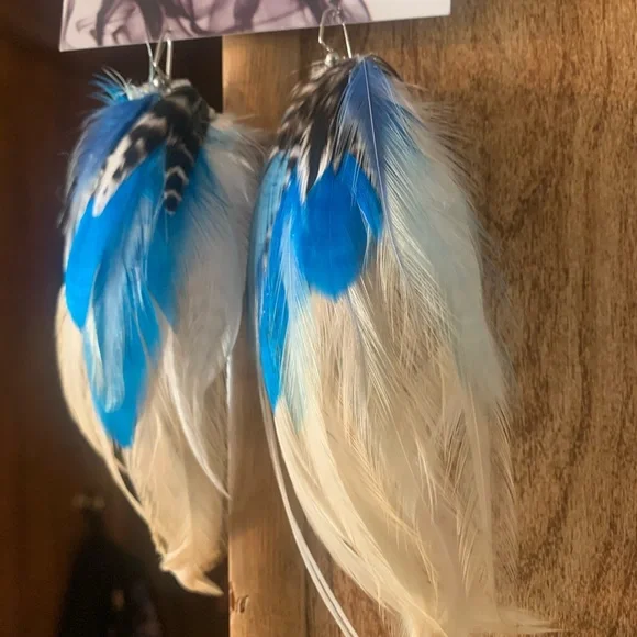 Blue White Cream Genuine Leather Festival Earrings NWT - Picture 5 of 11